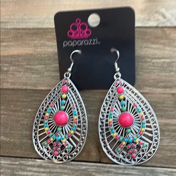 ❄️ Paparazzi | Silver and Pink Teardrop Earrings Boho Shabby Chic - Picture 4 of 10